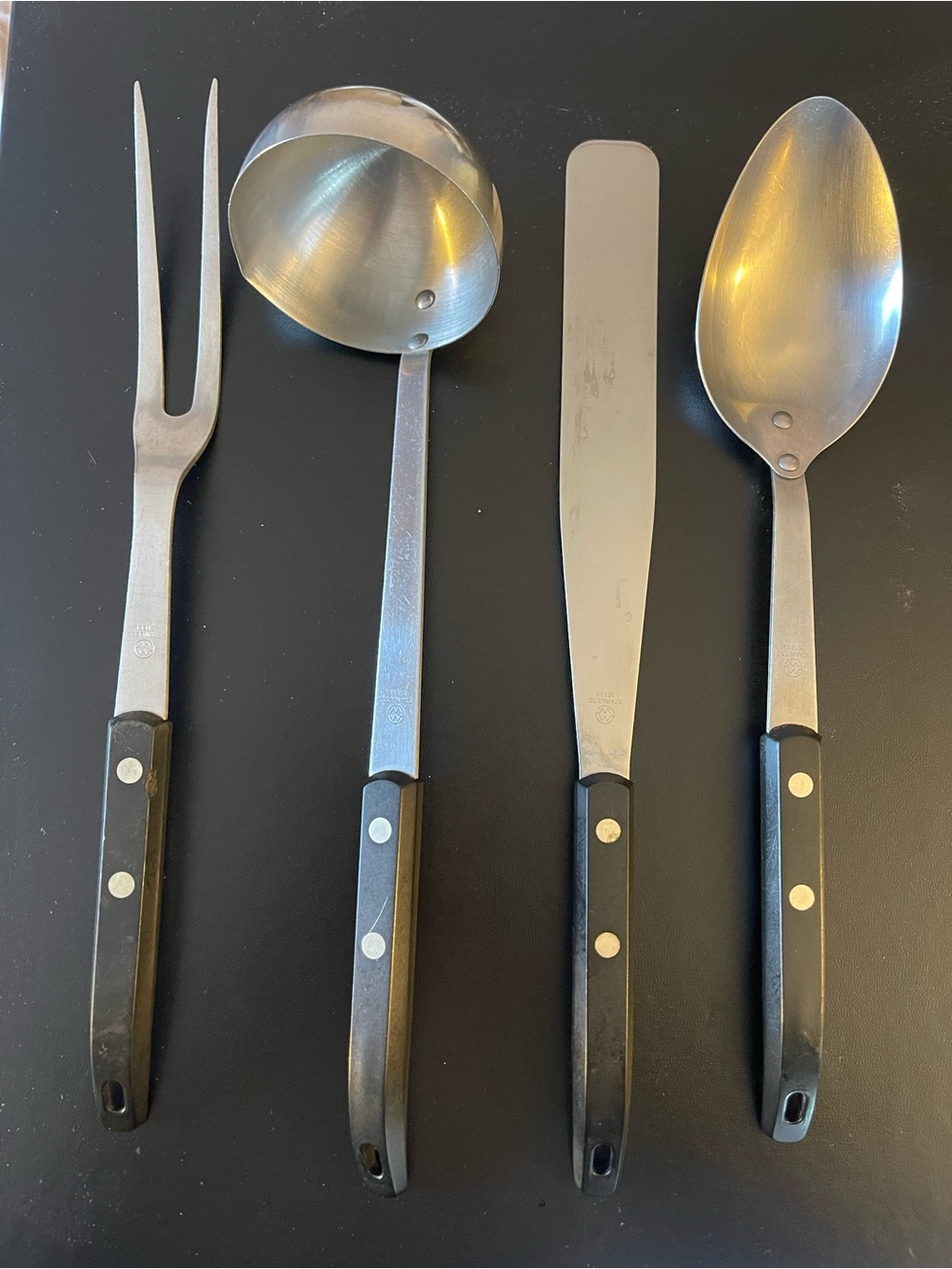 Vintage EKCO Stainless Steel Utensil Set 4pc MCM Black Handle Kitchen Tools
